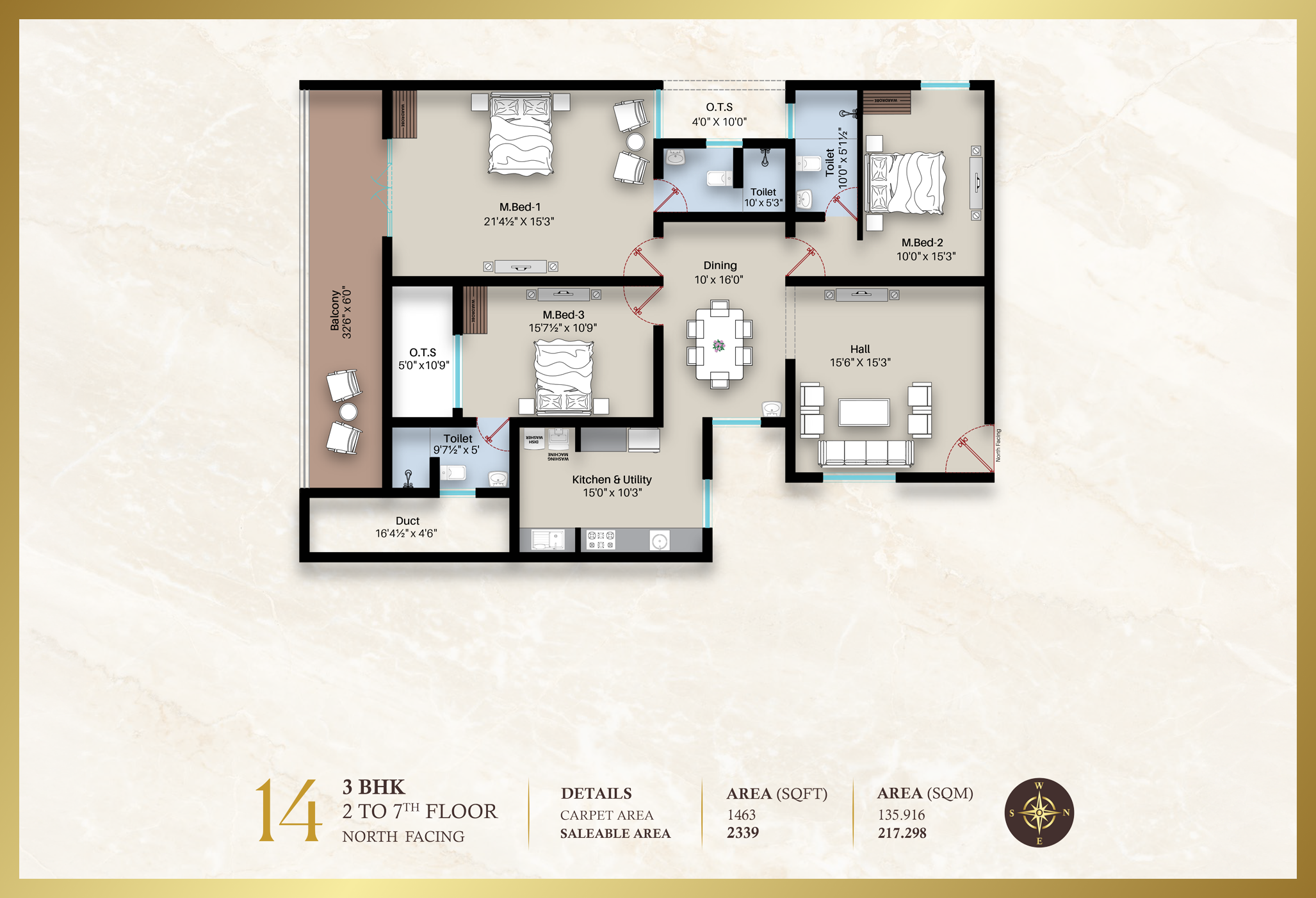 Diora Apartment 3BHK North facing floor plan 1614 sq-ft